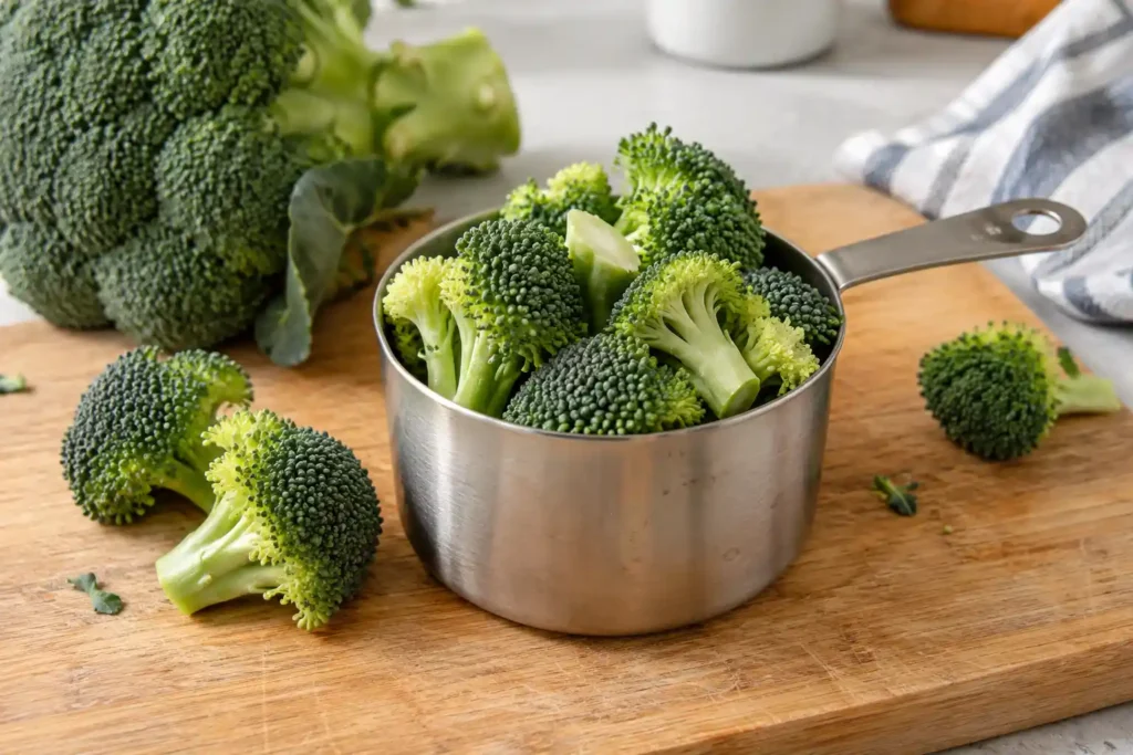Raw broccoli florets in a metal measuring cup.