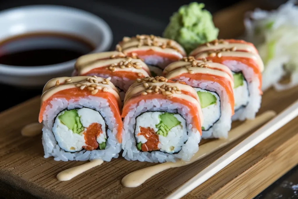 Freshly made Spicy California Rolls garnished with sesame seeds and spicy mayo.