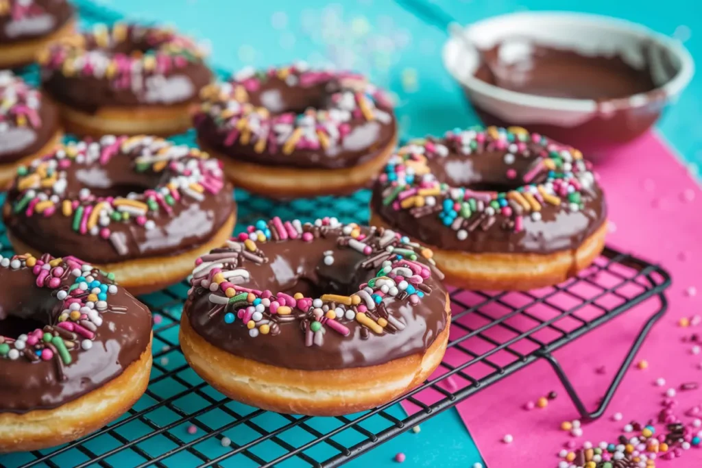 Chocolate glazed donuts on a wire rack.