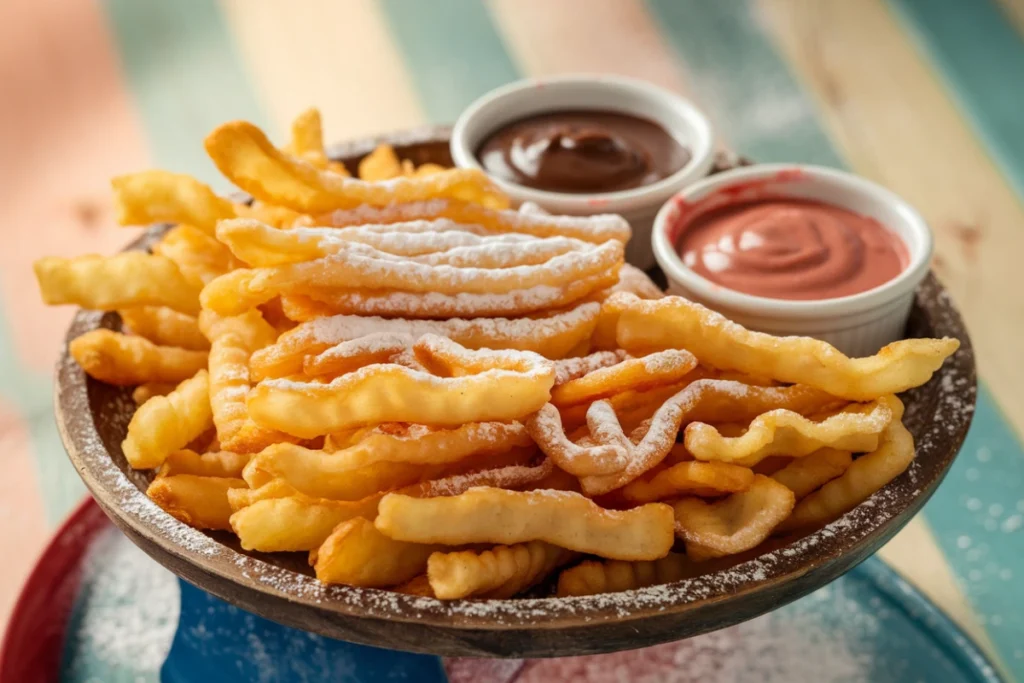 A plate of funnel cake fries dusted with powdered sugar, served with dipping sauces.