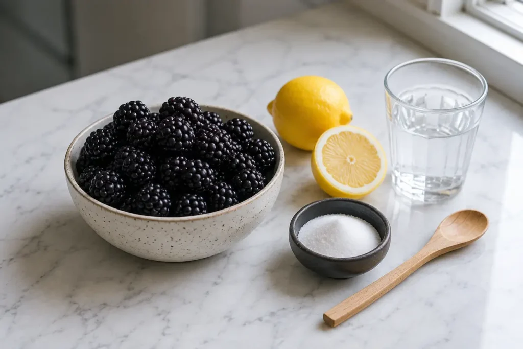 Fresh blackberries, sugar, lemon, and water for making blackberry puree.