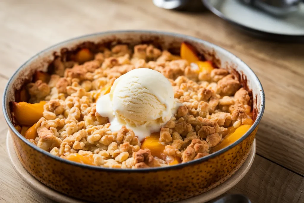 A golden brown peach crumble topped with melting vanilla ice cream.