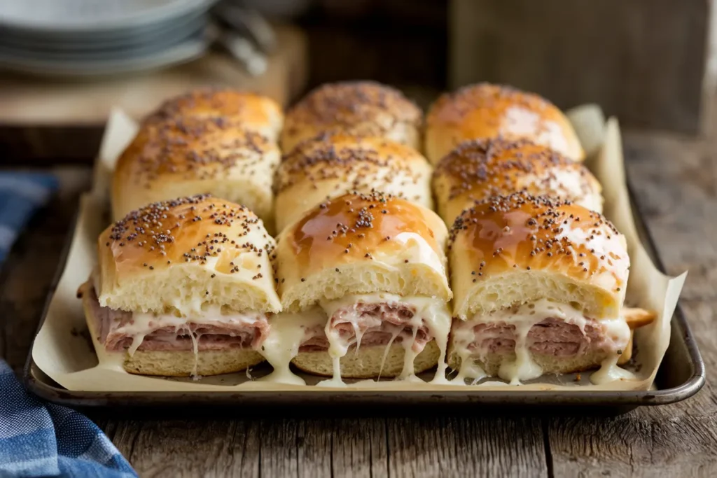 A tray of golden-brown turkey Hawaiian roll sliders with melted cheese.