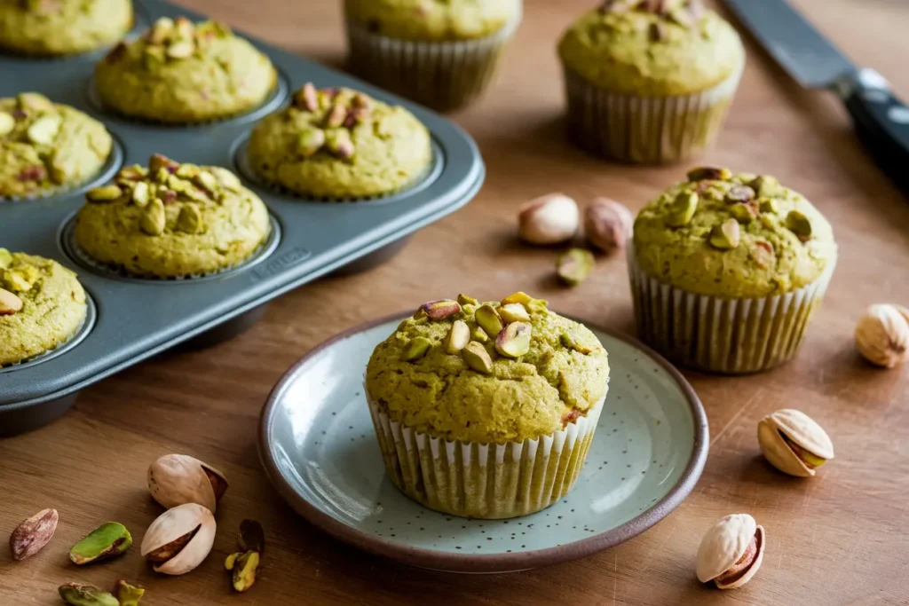 Freshly baked pistachio muffins with golden brown tops and crushed pistachios.