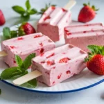 A plate of homemade strawberry ice cream bars with fresh strawberries and mint leaves.