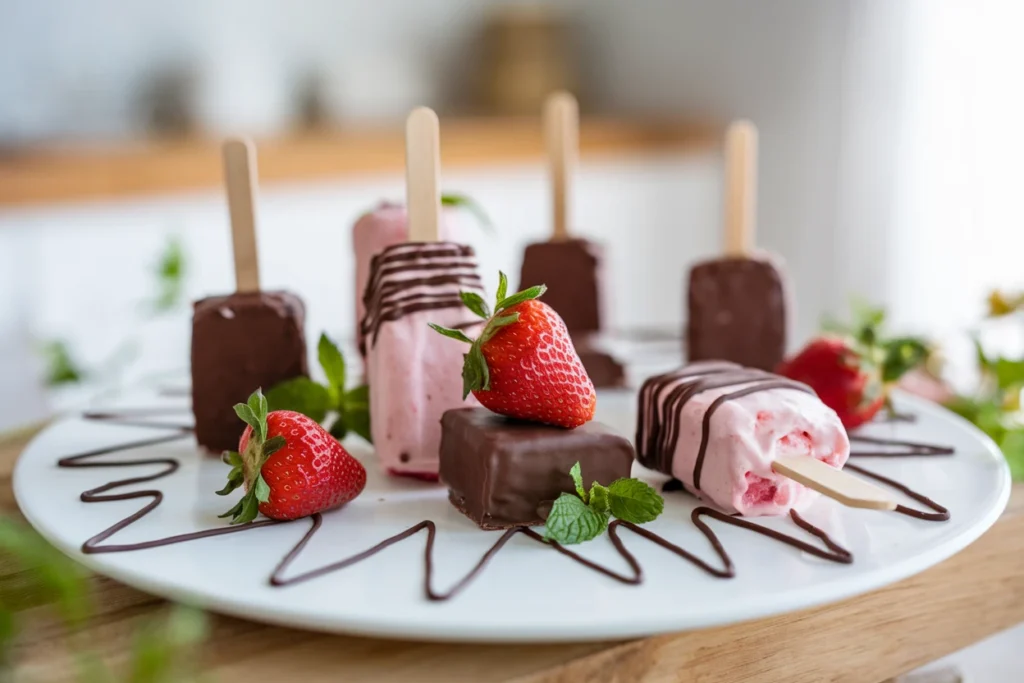 A plate of homemade strawberry ice cream bars, some dipped in chocolate and others plain, with fresh strawberries and mint leaves.