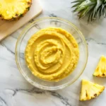 Glass bowl of smooth homemade pineapple puree surrounded by fresh pineapple slices on marble surface
