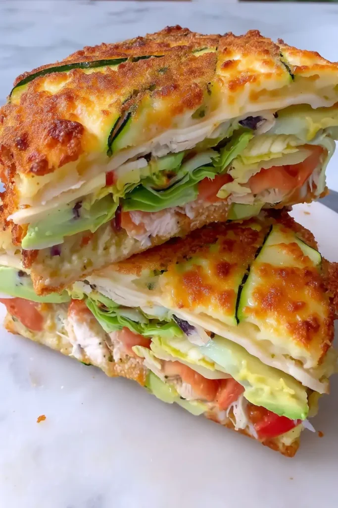 Crispy zucchini and cheese crust sandwich filled with chicken, lettuce, tomato, and shredded cheese, served on white marble