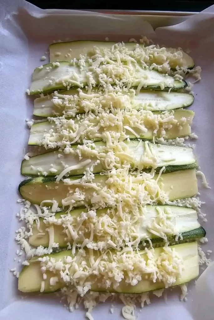 Thin zucchini slices arranged on parchment and topped with shredded cheese, ready for baking