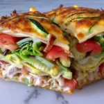Close-up of a cheesy zucchini breadwich filled with chicken, avocado, tomato, and greens, served on a white marble counter