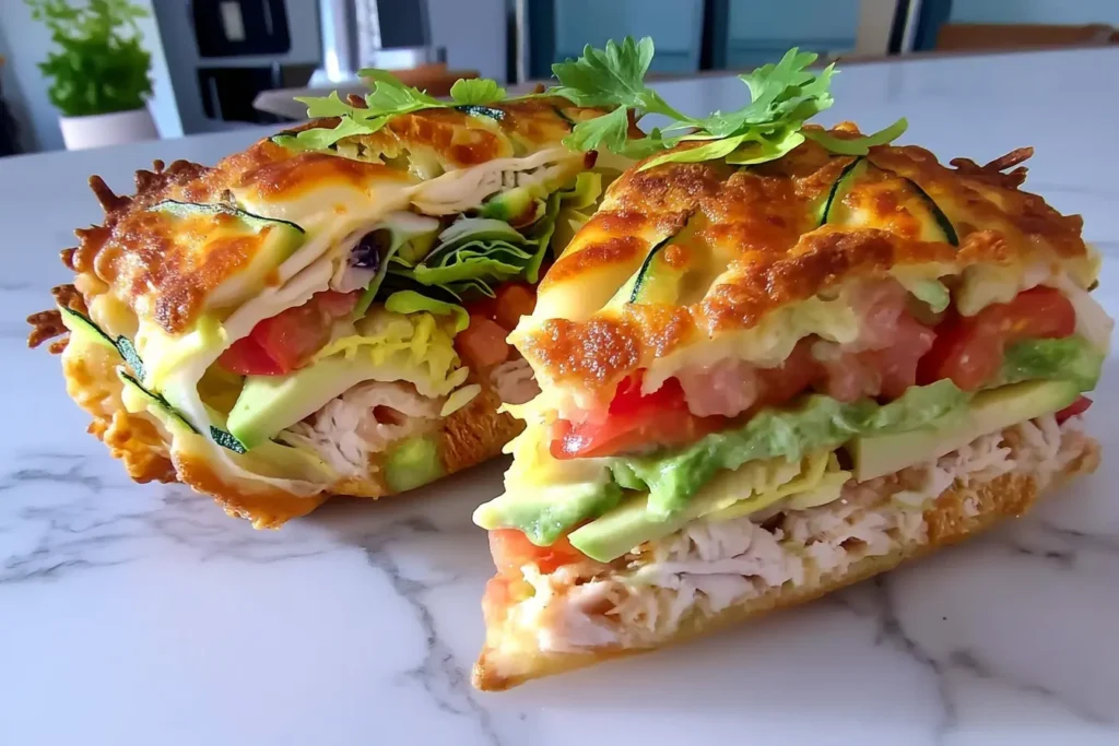 Zucchini and cheese sandwich filled with shredded chicken, avocado, tomato, and lettuce, served on a white marble counter