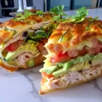 Zucchini and cheese sandwich filled with shredded chicken, avocado, tomato, and lettuce, served on a white marble counter