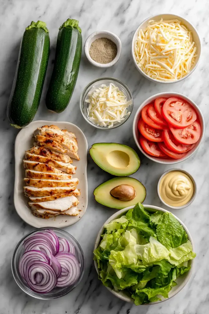 Flat lay of zucchini, shredded cheese, garlic powder, grilled chicken, avocado, tomato, onion, lettuce, and mayo on a white marble counter