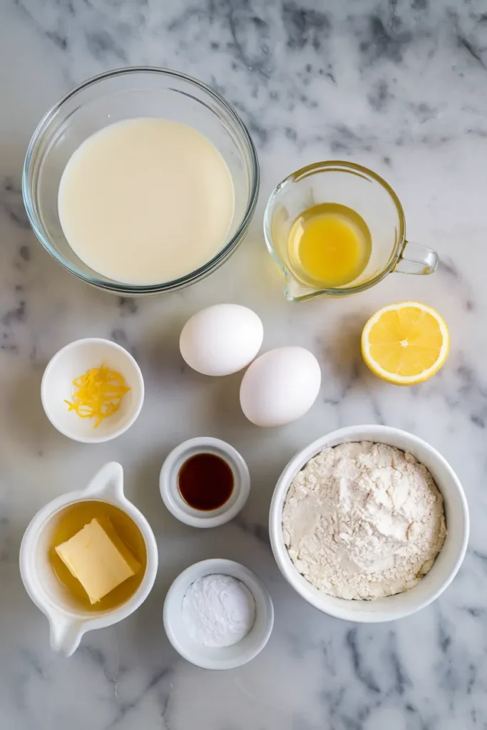 ingredients for baby lemon impossible pies recipe with condensed milk arranged in bowls and cups on a marble surface