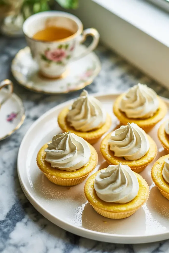 Baby lemon impossible pies topped with whipped cream, served on a white plate with a floral tea cup in the background on a marble counter