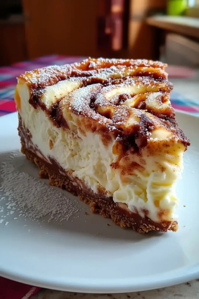 Close-up of a creamy slice of cinnamon roll honeybun cheesecake with a swirled cinnamon topping, thick cream cheese filling, and crumbly graham cracker crust, served on a white plate with a light dusting of powdered sugar.