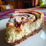 Close-up of a creamy slice of cinnamon roll honeybun cheesecake with a swirl of cinnamon topping, creamy filling, and graham cracker crust, placed on a white plate on a colorful tablecloth background.