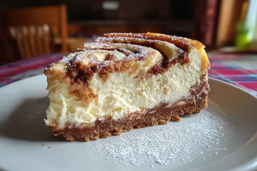 A close-up slice of creamy cinnamon roll honeybun cheesecake with a golden graham cracker crust, thick velvety cheesecake layer, and a beautiful cinnamon sugar swirl on top, lightly dusted with powdered sugar.