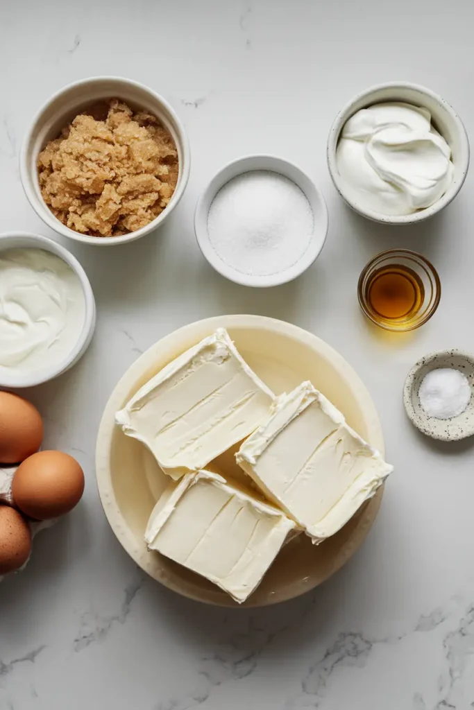 Softened cream cheese blocks, bowls of brown sugar and granulated sugar, sour cream, fresh eggs, vanilla extract, and salt arranged neatly on a white marble countertop for making the cheesecake filling of creamy cinnamon roll honeybun cheesecake.