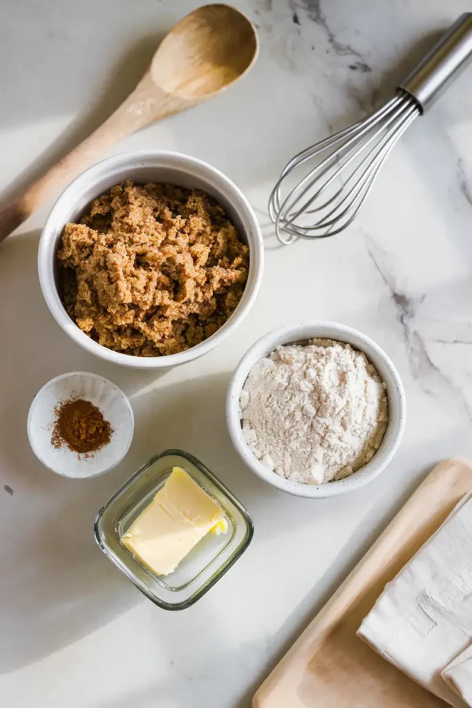 Bowls with brown sugar mixture, all-purpose flour, ground cinnamon, and melted butter on a white marble countertop, accompanied by a wooden spoon and whisk, prepared for making the cinnamon swirl layer of creamy cinnamon roll honeybun cheesecake.