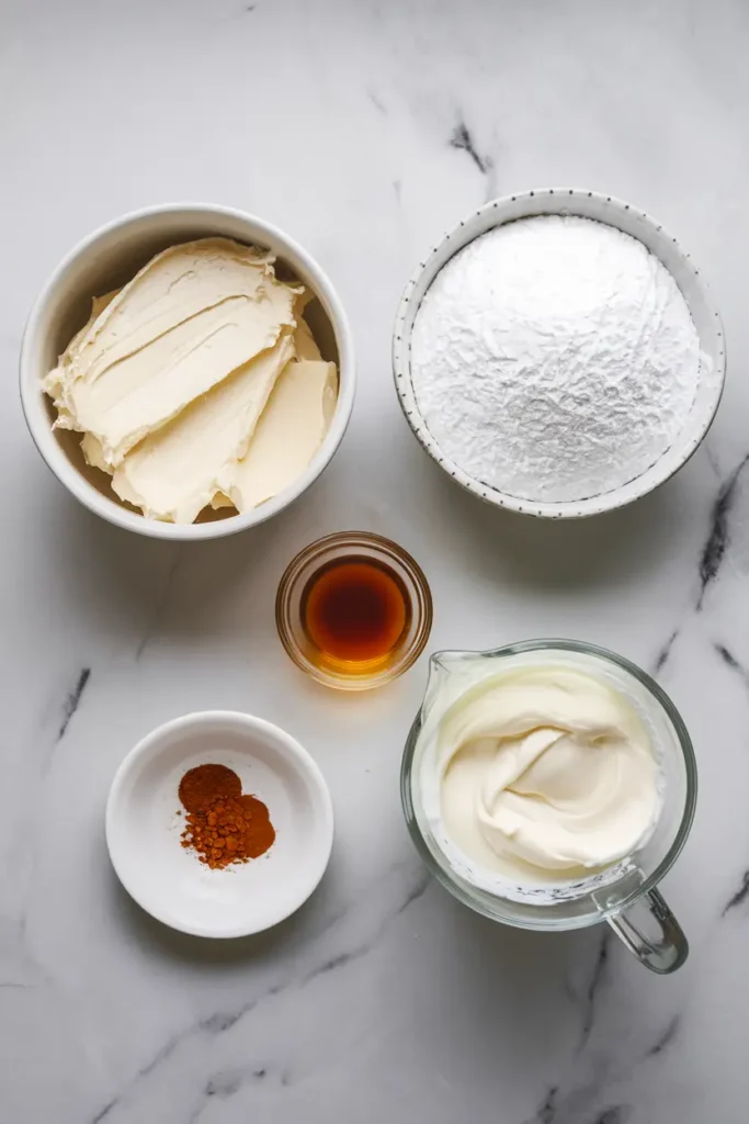 Cream cheese, powdered sugar, vanilla extract, heavy whipping cream, and cinnamon powder in bowls and measuring cups on a white marble countertop, prepared for making cream cheese frosting for creamy cinnamon roll honeybun cheesecake.