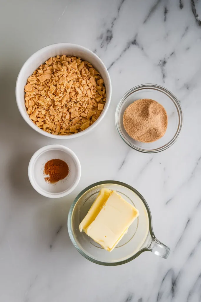 Bowls of crushed graham crackers, brown sugar, ground cinnamon, and melted butter on a white marble countertop, arranged neatly for making the crust of a creamy cinnamon roll honeybun cheesecake.