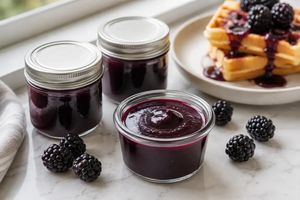 Blackberry puree stored in small jars and served over waffles.