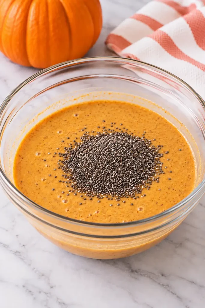 Chia seeds added to the pumpkin pudding base before stirring
