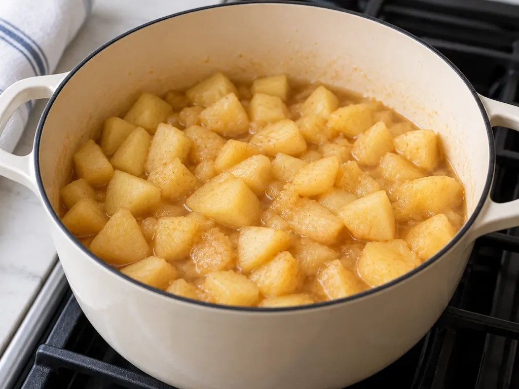 Peeled apple chunks cooking in a saucepan for homemade applesauce