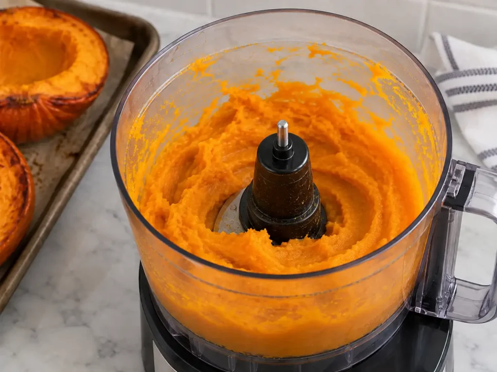 Smooth homemade pumpkin puree blended in a food processor