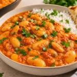 Creamy butter chicken beans with butter beans in a tomato cream sauce, served with basmati rice and naan