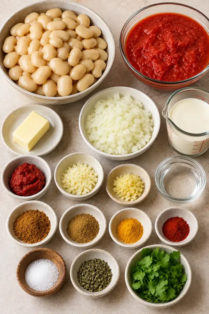 Ingredients for butter chicken beans including butter beans, crushed tomatoes, onion, cream, butter, garlic, ginger, spices, fenugreek, and cilantro
