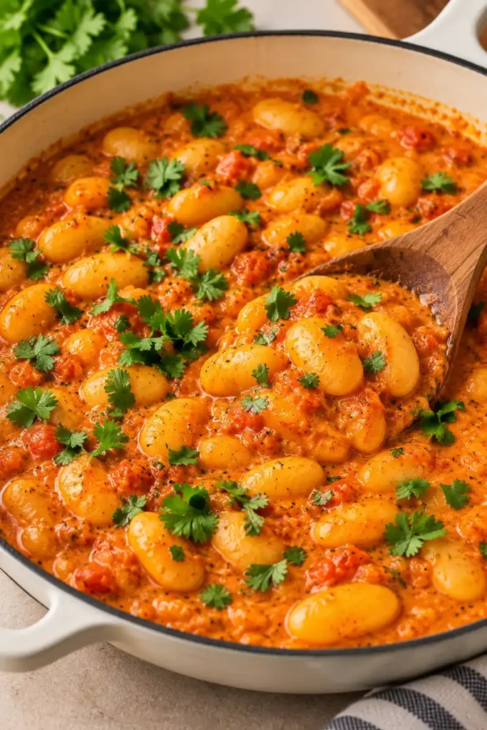 Creamy butter chicken beans in a skillet with butter beans, tomato sauce, and cilantro