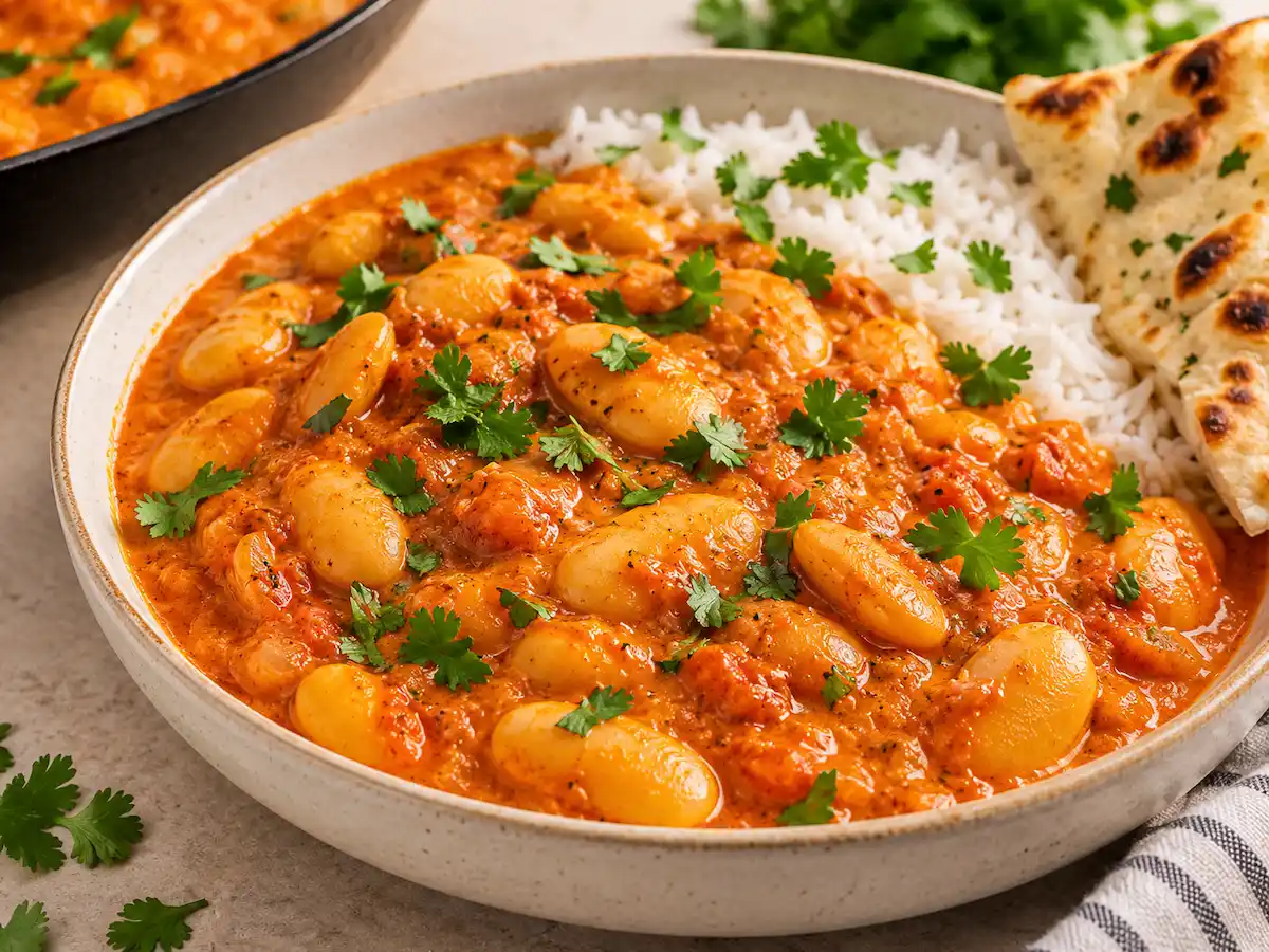 Creamy butter chicken beans with butter beans in a tomato cream sauce, served with basmati rice and naan