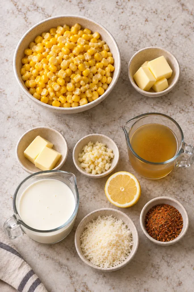 Ingredients for buttered corn and Cajun cream sauce, including corn, butter, garlic, chicken broth, heavy cream, Parmesan, Cajun seasoning, and lemon