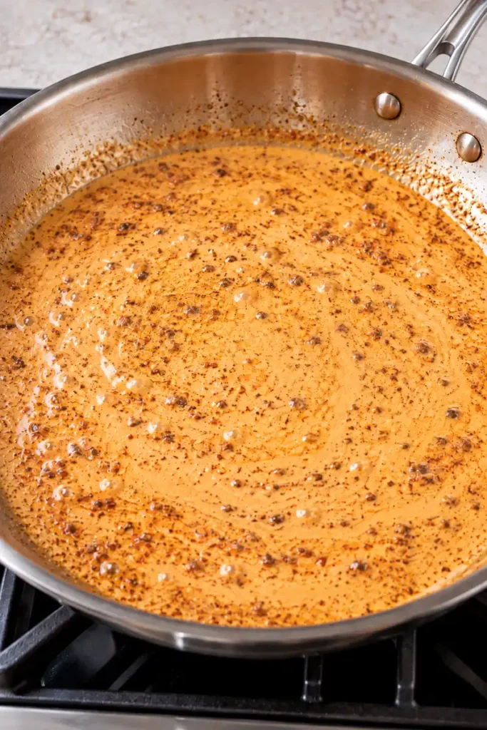 Creamy Cajun sauce simmering in a skillet with browned pan drippings and Cajun seasoning