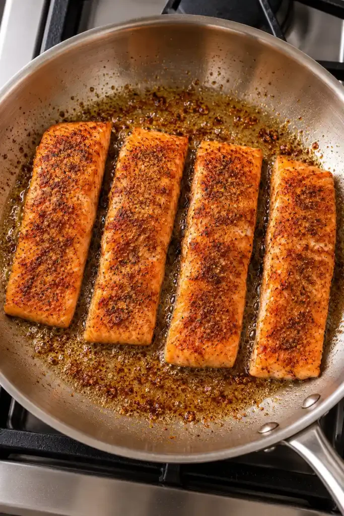 Four Cajun-seasoned salmon fillets searing in a skillet