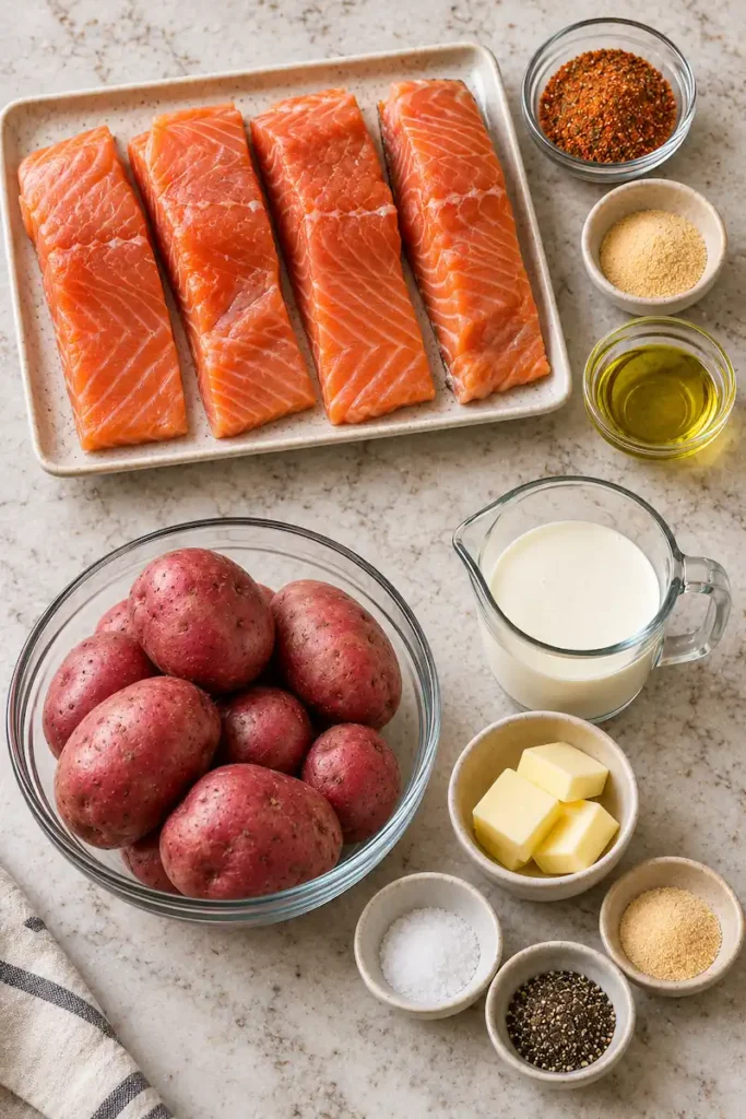 Ingredients for Cajun salmon and mashed potatoes, including salmon fillets, Cajun seasoning, red potatoes, cream, butter, and seasonings