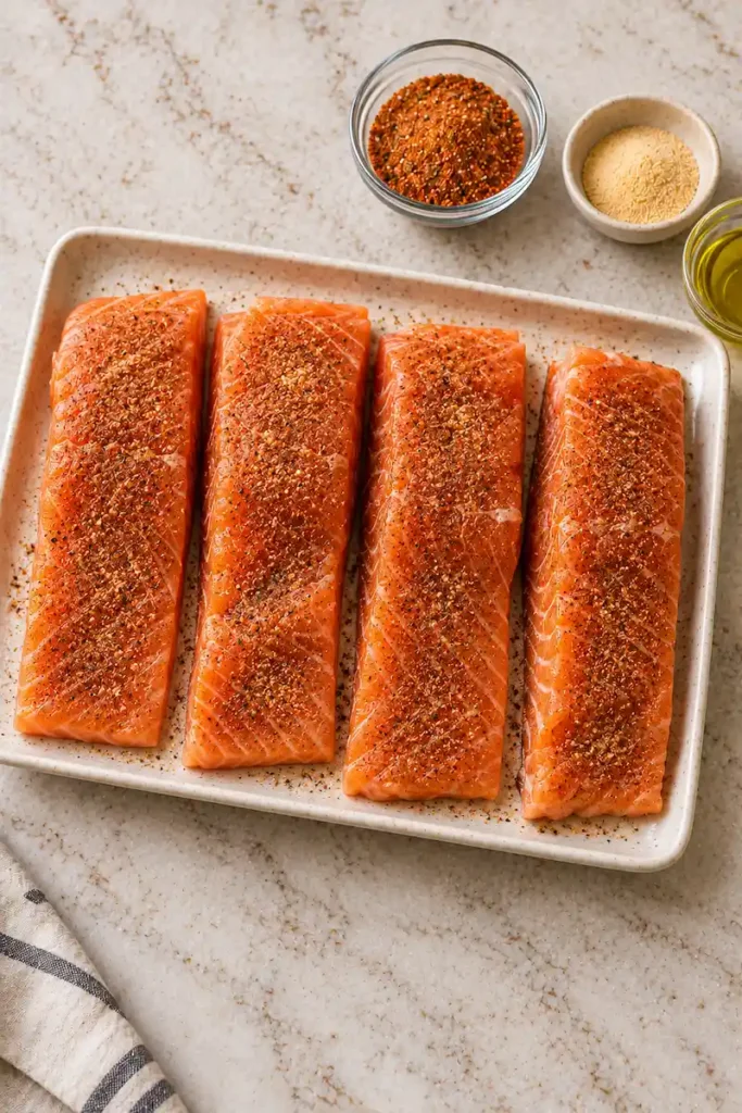Four salmon fillets evenly coated with Cajun seasoning before cooking