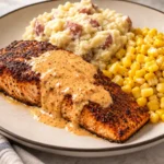 Cheesecake Factory Cajun salmon copycat with creamy Cajun sauce, mashed potatoes, and buttered corn
