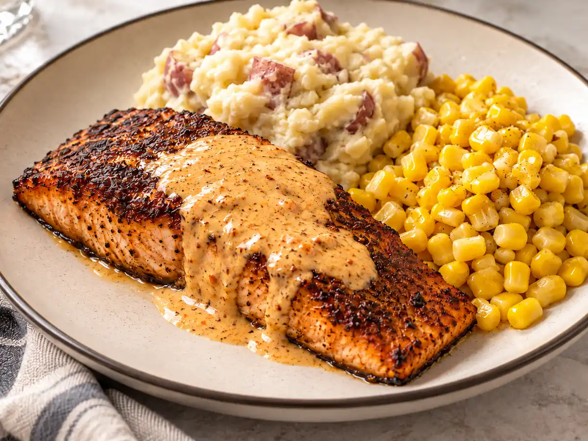 Cheesecake Factory Cajun salmon copycat with creamy Cajun sauce, mashed potatoes, and buttered corn