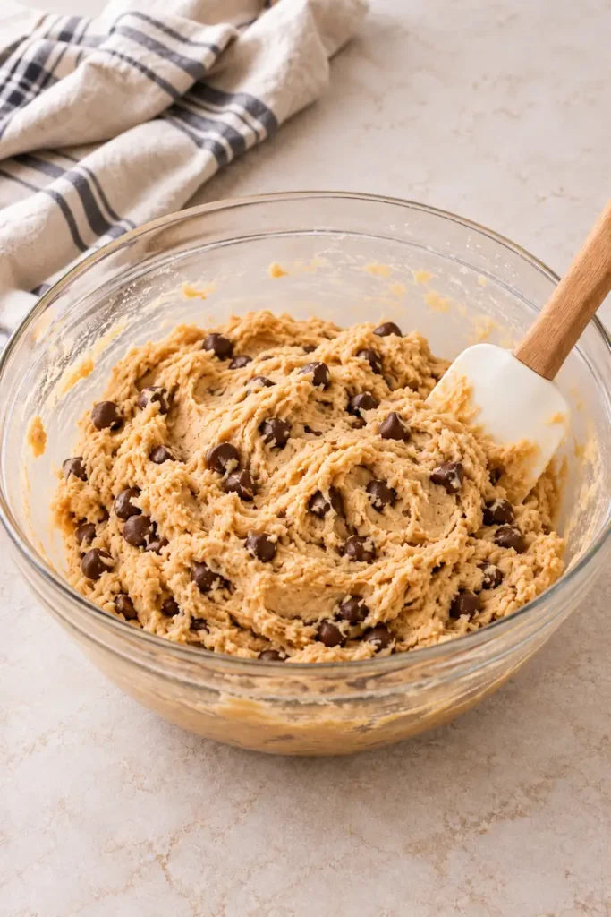 Chocolate chip cookie dough mixed in a glass bowl for a homemade pizookie recipe