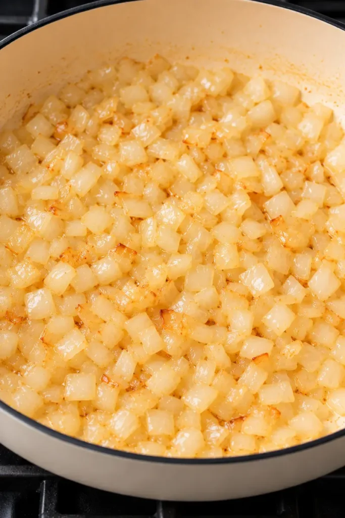 Finely chopped onion cooked in butter until soft, translucent, and lightly golden in a skillet