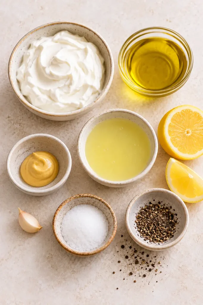 Ingredients for creamy lemon dressing with Greek yogurt, olive oil, lemon juice, Dijon mustard, garlic, salt, and black pepper