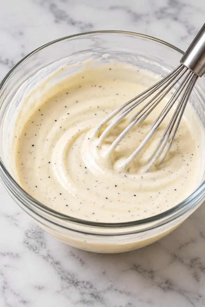 Creamy lemon dressing being whisked in a glass bowl for scoopable salad