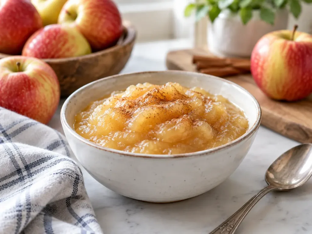 Chunky homemade applesauce in a bowl with fresh apples in the background