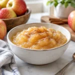 Chunky homemade applesauce in a bowl with fresh apples in the background