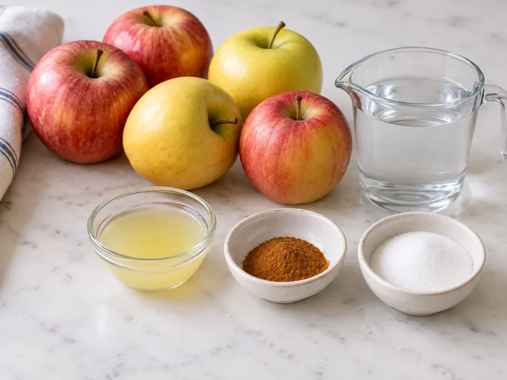 Ingredients for homemade applesauce including apples, water, lemon juice, cinnamon, and sugar