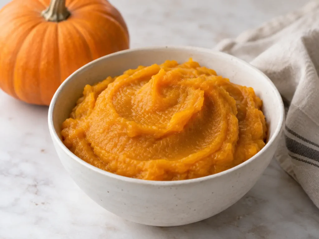 Bowl of smooth homemade pumpkin puree with a small sugar pumpkin in the background