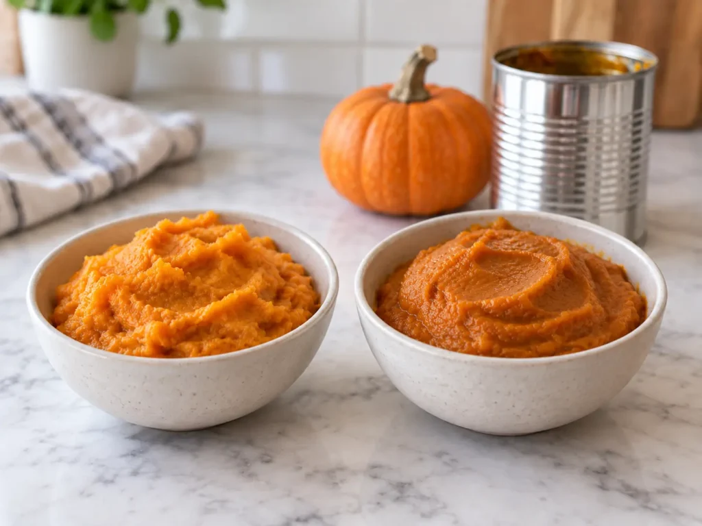 Homemade pumpkin puree and canned pumpkin puree side by side in two bowls